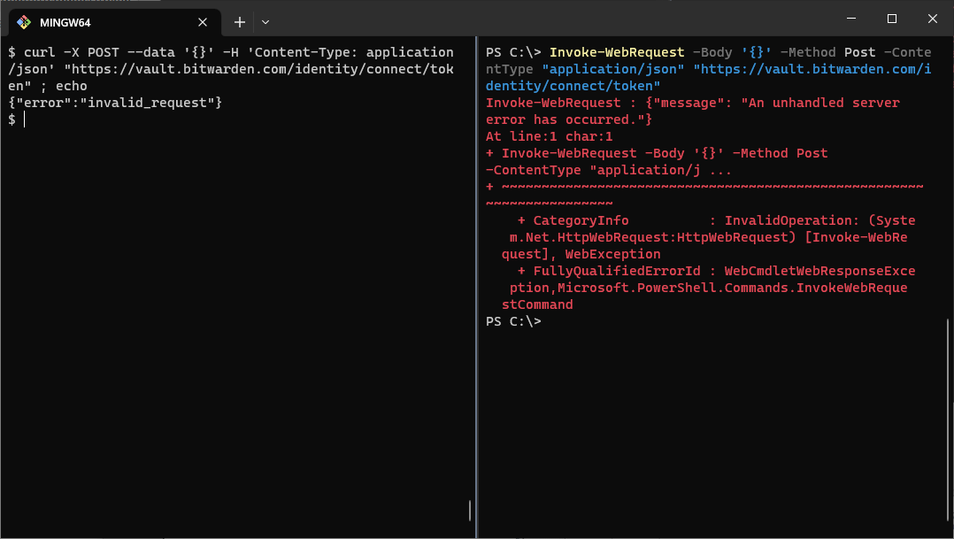 Curl and Invoke-WebRequest side-by-side, curl showing an invalid_request error, Invoke-WebRequest and internal server error.