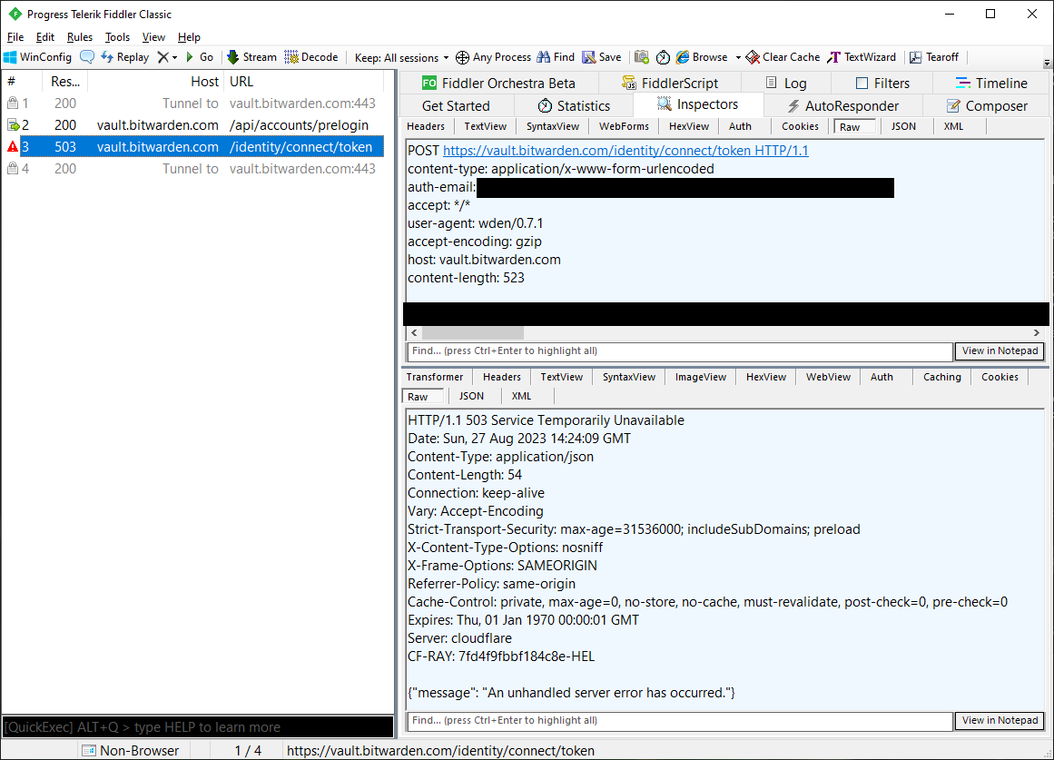 Screenshot of Fiddler, showing a capture of a 503 response from Bitwarden.