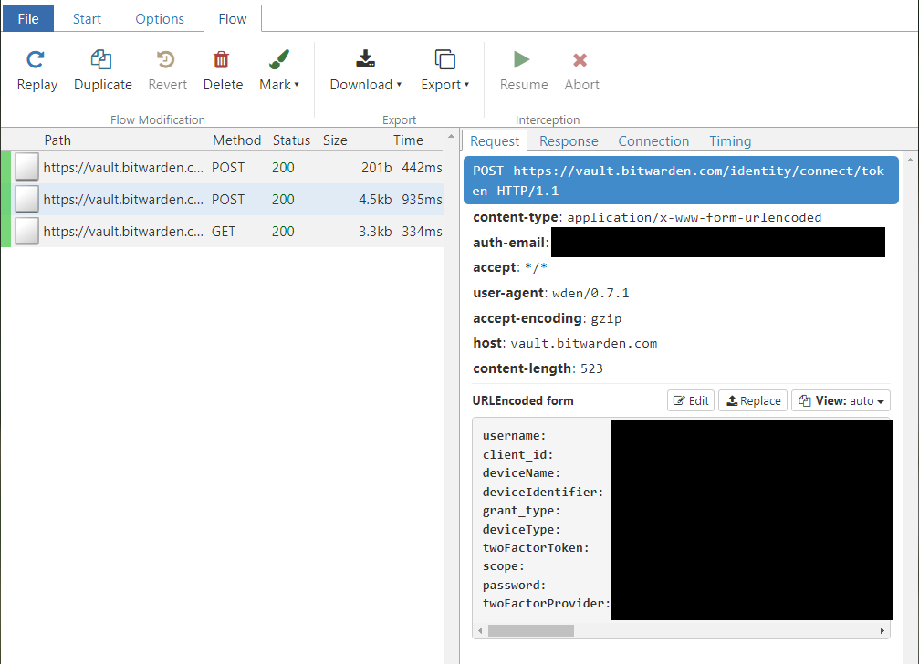 Screenshot of mitmweb, showing a bunch of successful requests to Bitwarden