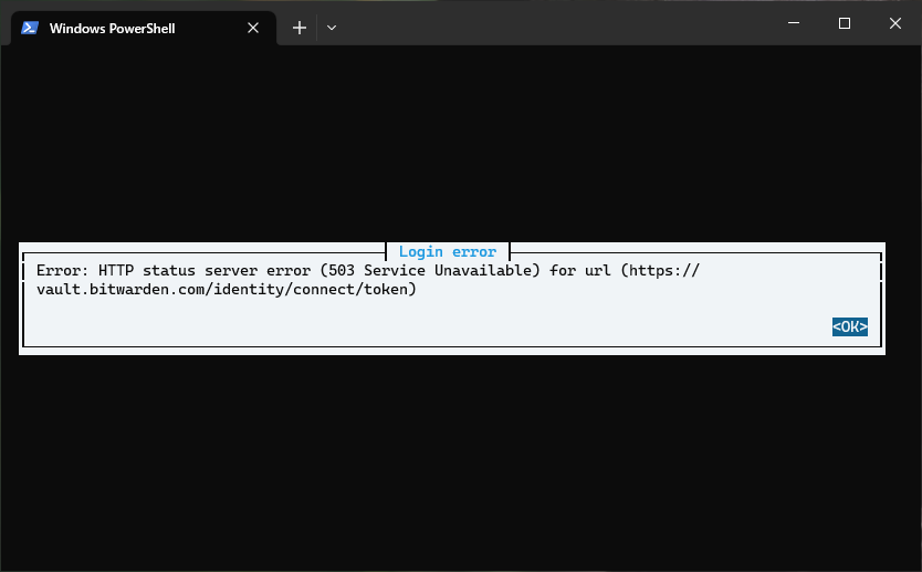 Screenshot of Wden showing a 503 error from a request to /identity/connect/token