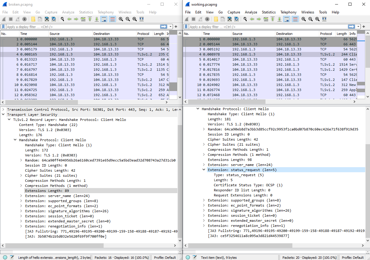 Screenshot of two Wireshark windows showing TLS Client Hello message details.